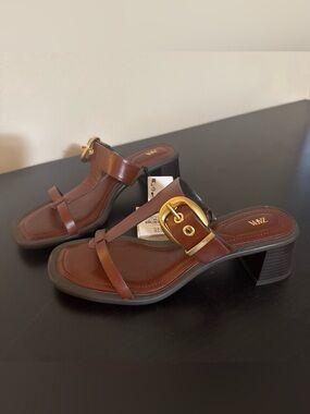 ZARA Brown Leather Mid-Heel Sandals with Gold Buckle